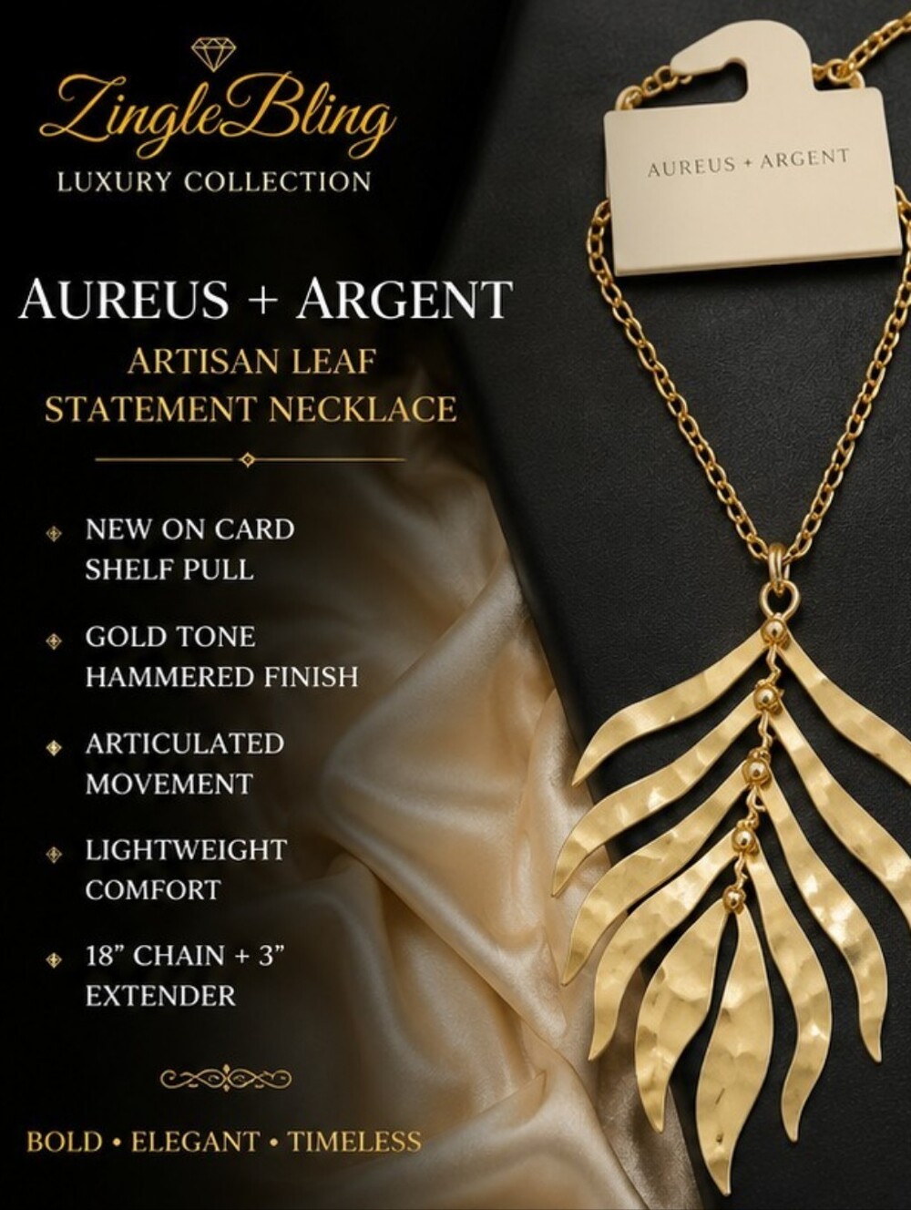 Aureus Argent Hammered Gold Tone Leaf Statement Necklace NWT